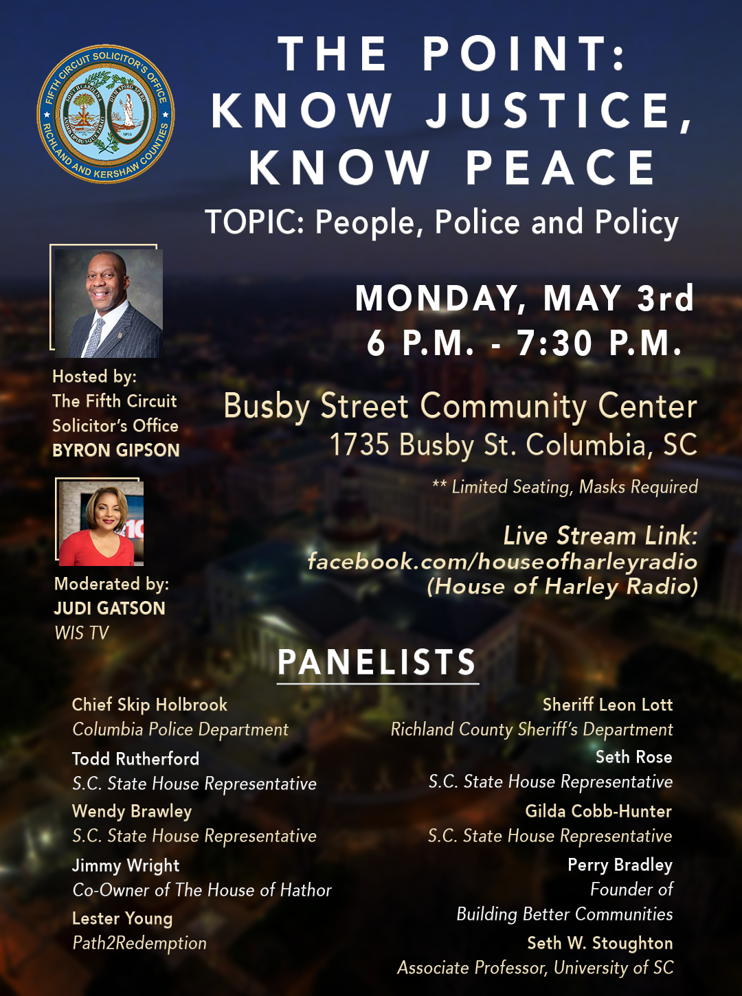 A flier promoting the Know Justice, Know Peace event, hosted May 3rd by Solicitor Byron Gipson